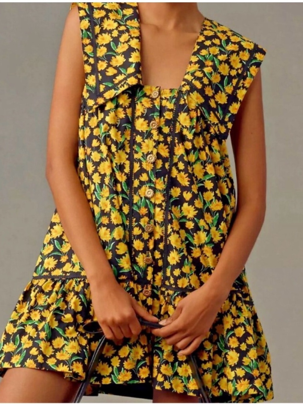 Anthropologie Black Dress with Yellow Floral Print